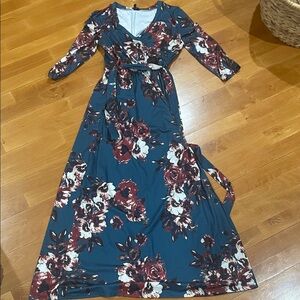 Amazon Floral Long Sleeve Dress - Teal and Burgundy